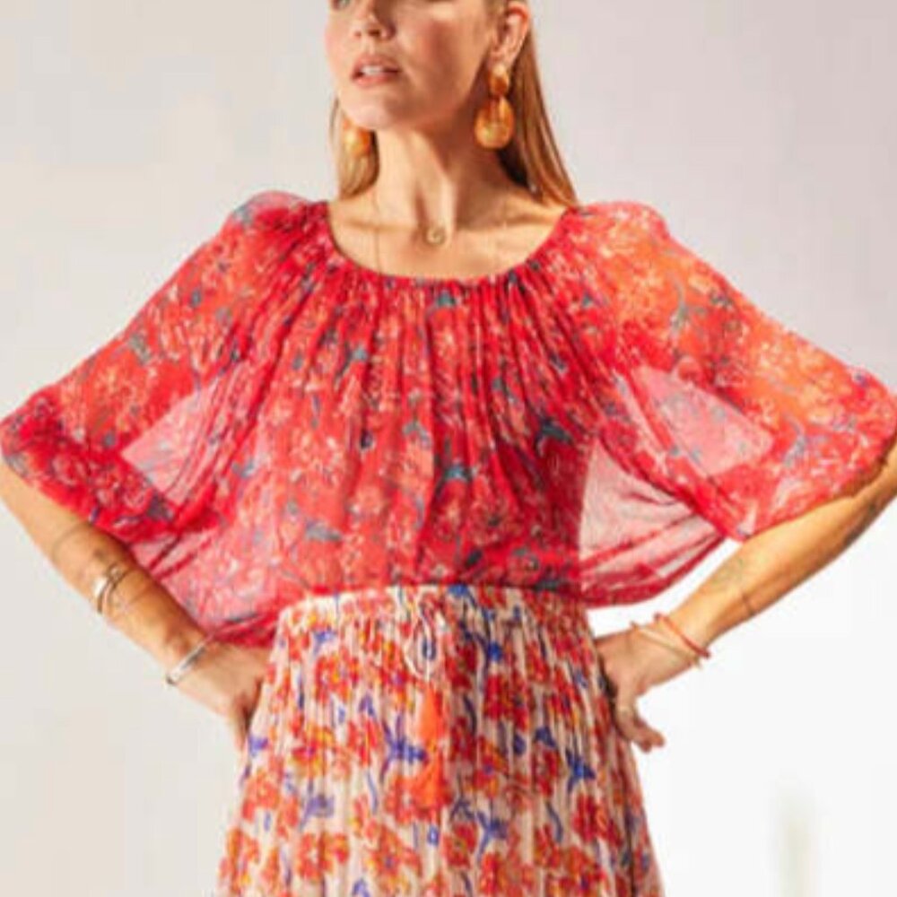 Natalie Martin Ella Top Flowy Sheer Puff Sleeve Boho Blouse Red Floral Small EUC